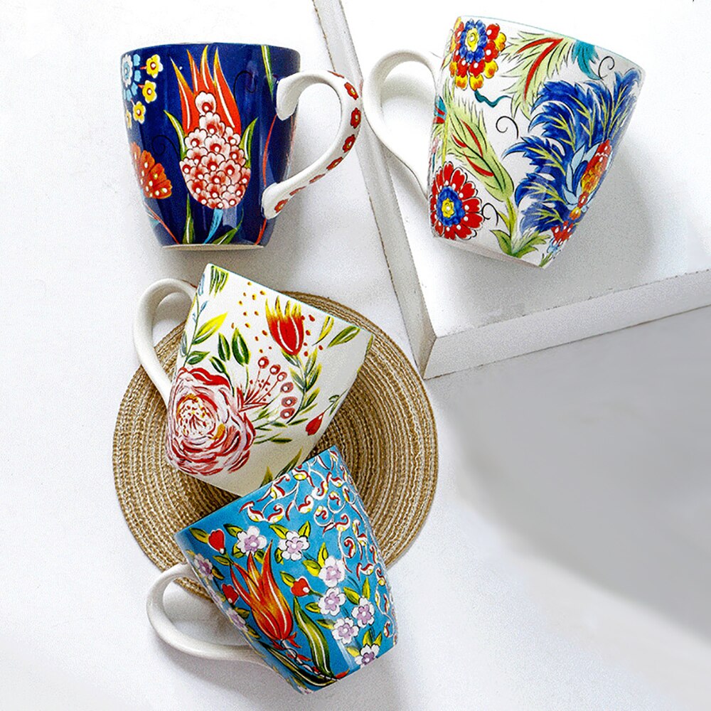 Hand-painted Ceramic Cups 550ml Large Capacity Flower Pattern