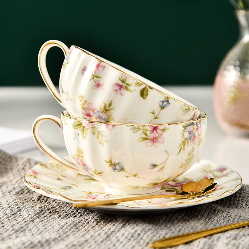 Bone China Coffee Cup Saucer Spoon Set Flower