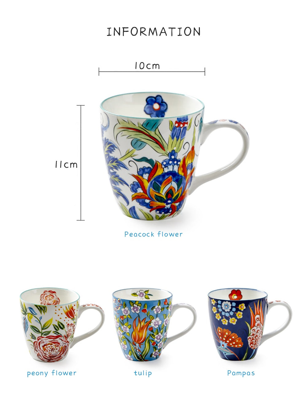 Hand-painted Ceramic Cups 550ml Large Capacity Flower Pattern