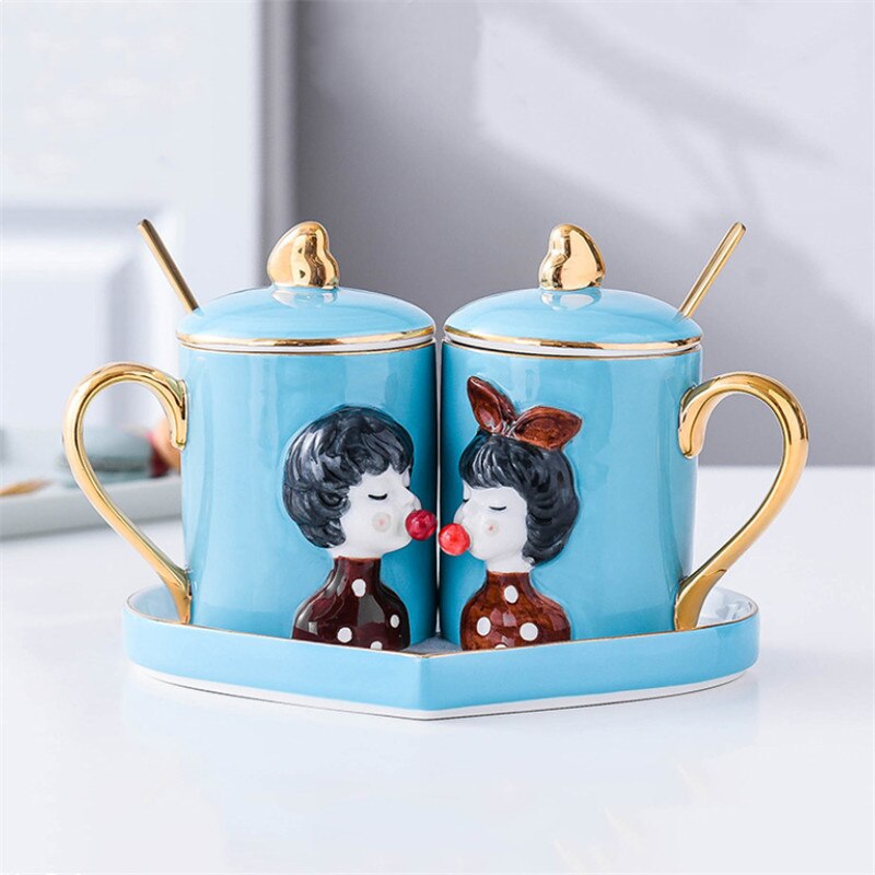 Nordic Ceramic Couple Coffee Mug with Lid and Spoon 350ML