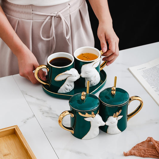 Nordic Couple Mug Solid Color Gold Drawing with Spoon Tray