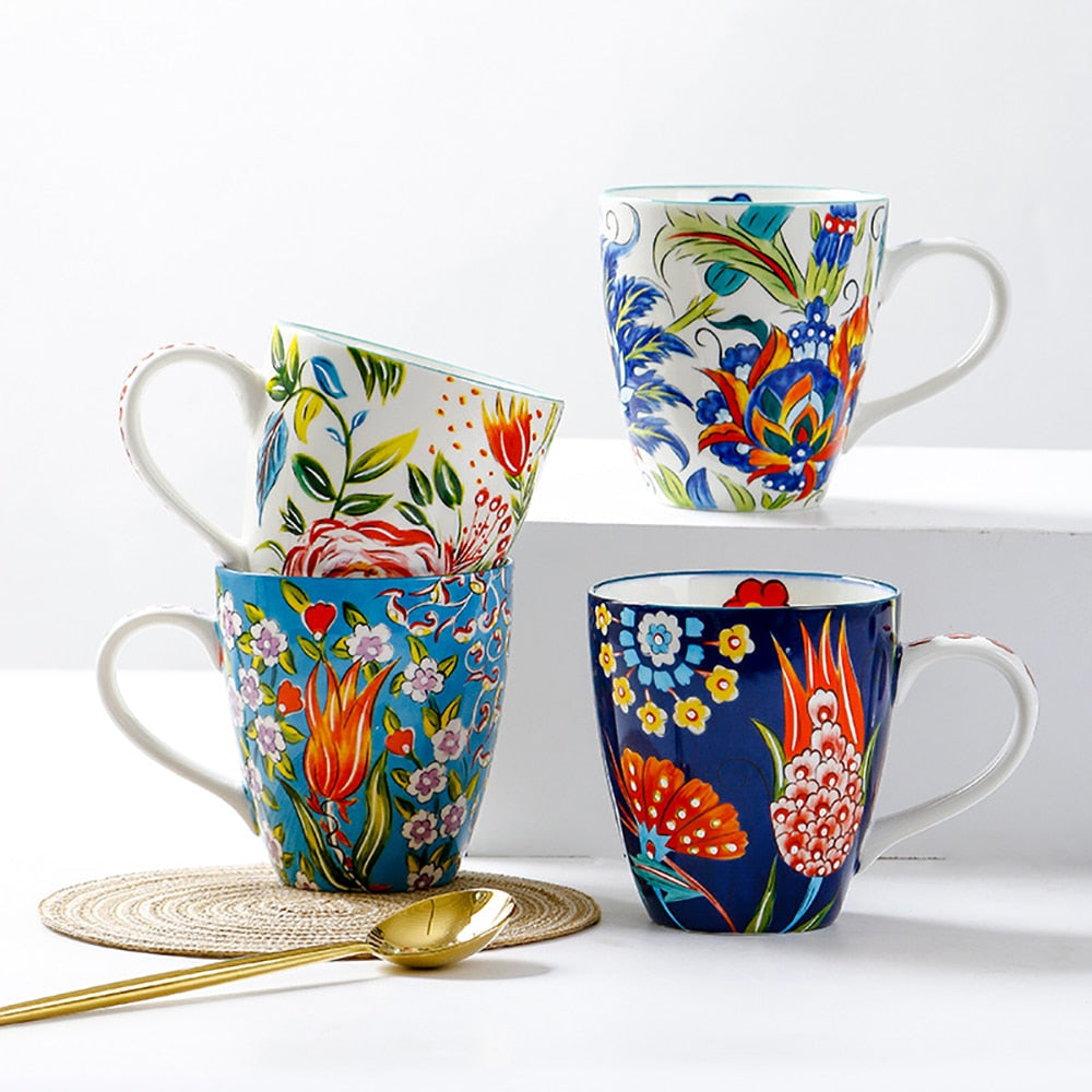 Hand-painted Ceramic Cups 550ml Large Capacity Flower Pattern